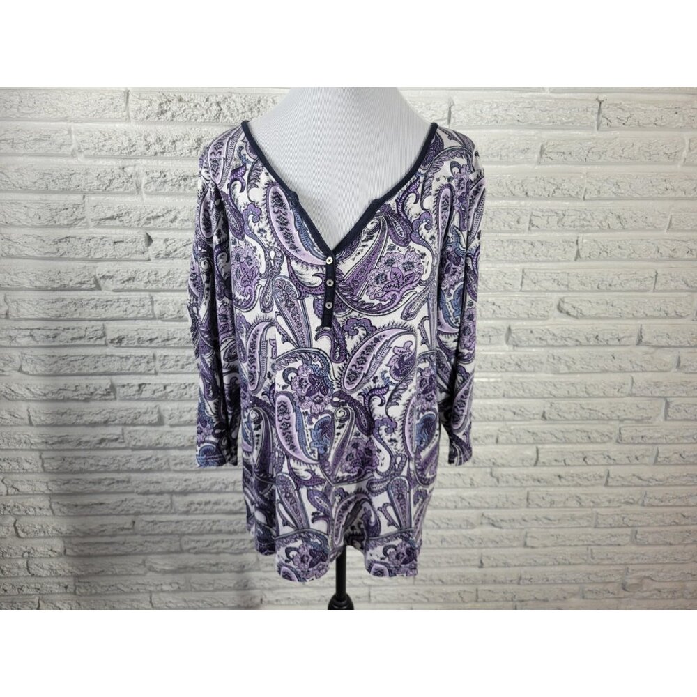 Croft Barrow Womens Top 1X Plus 3/4 Sleeve Lavender Paisley PAI6XE